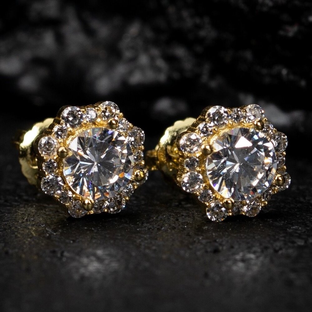 Cluster Gold Plated Sterling Silver Iced Cz Pointer Flower Set Cz Stud Earrings